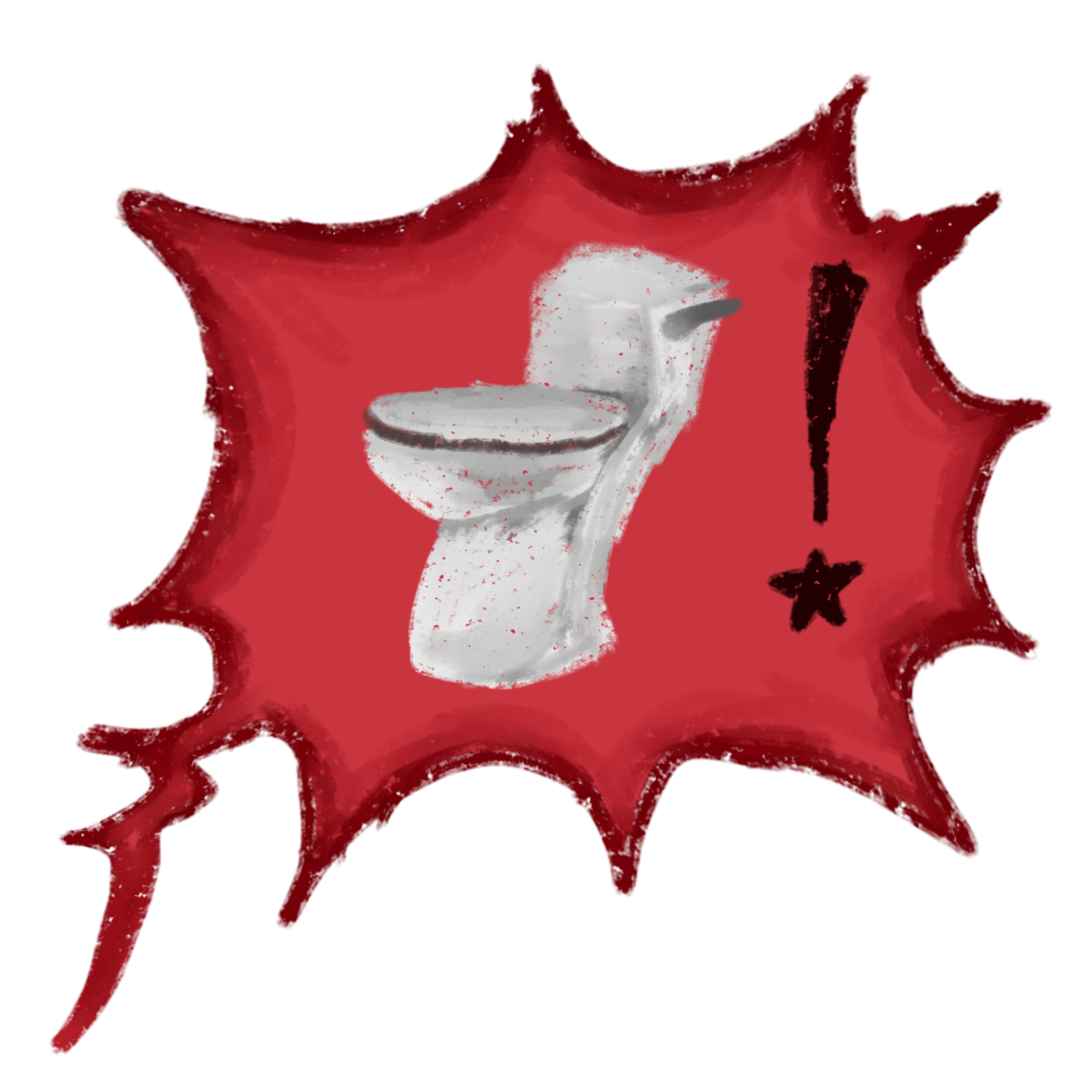 a white toilet and an exclamation point in a red speech bubble.